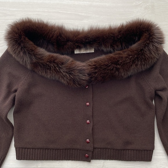 SALE! Valentino Brown Wool & Cashmere Blend Cropped Cardigan w/ Trim - Picture 6 of 12